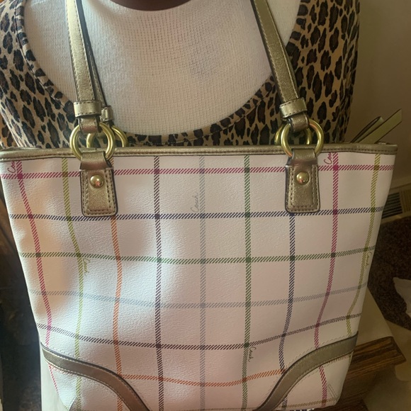 Plaid Coach Tattersall Tote with Gold leather handles - Picture 2 of 5